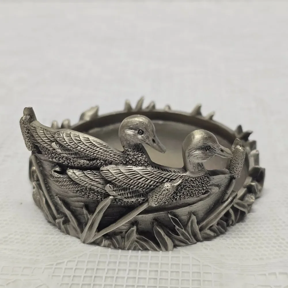 Vintage 70s Ducks In Reeds Pewter Pillar Candle Holder Cabin Country Cottage